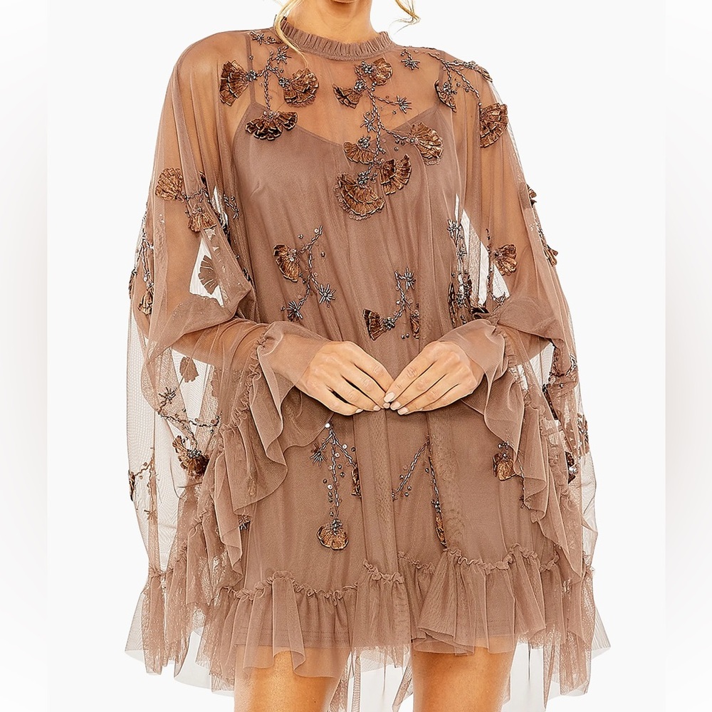 Embroidered Ruffle Mini Dress - Choc brown - Picture 2 of 3